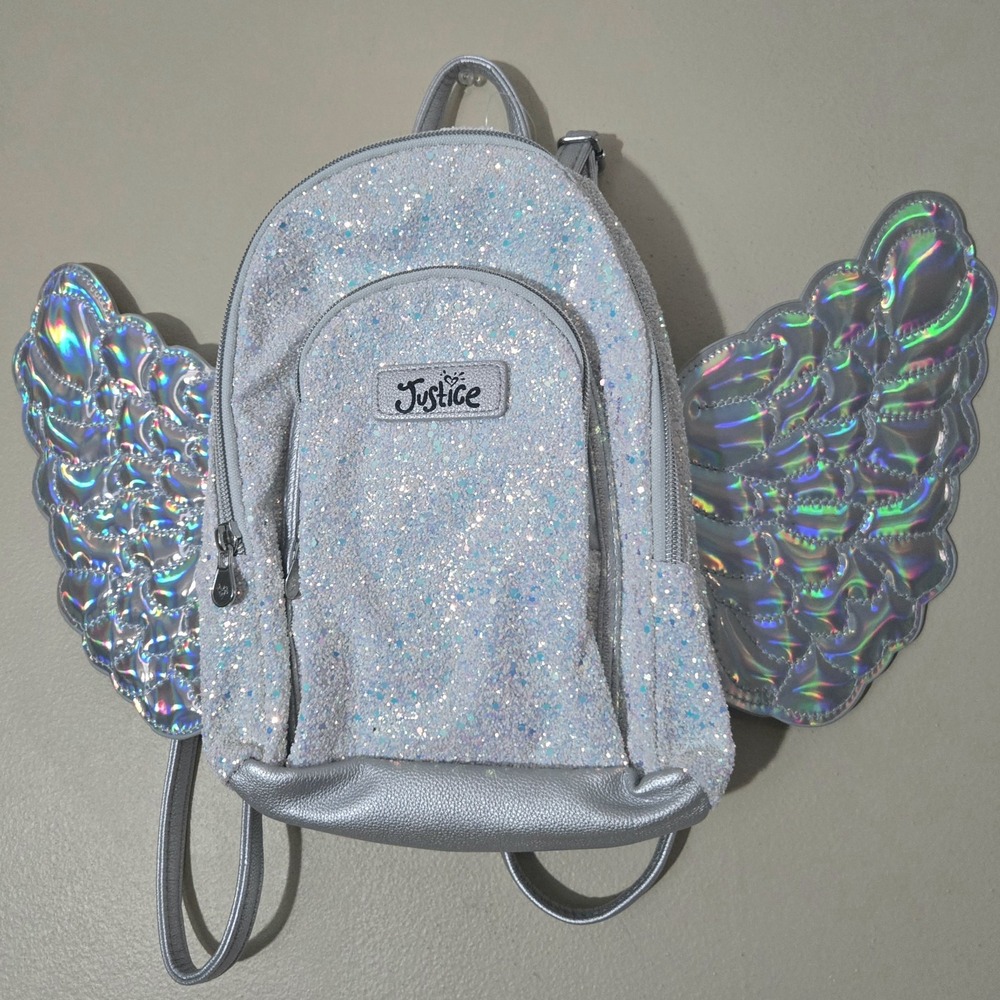 Deadstock 2018 Justice Angel Wings Mini Backpack NWT Silver Glitter